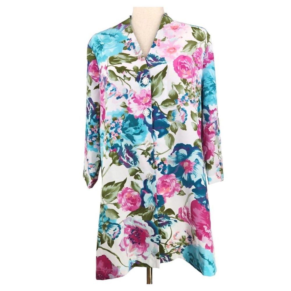 Draper's & Damon's Womens Blouse Tunic Size Large Floral 3/4 Sleeve Button Retro